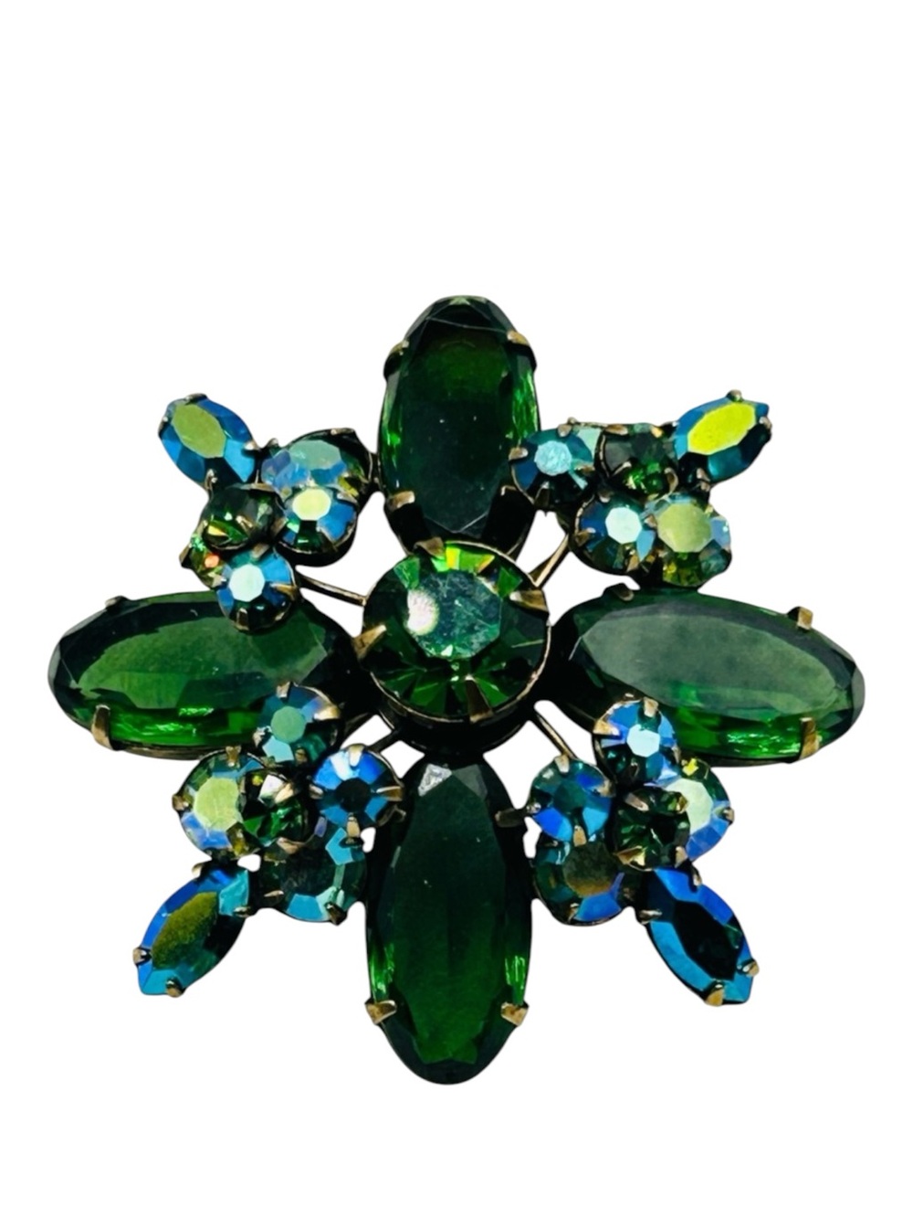 Signed Regency Vintage Tourmaline Green AB Rhinestone Layered Brooch